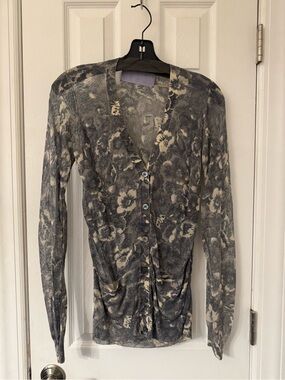 Vera Wang Lavender Label Gray and Cream Floral Cardigan